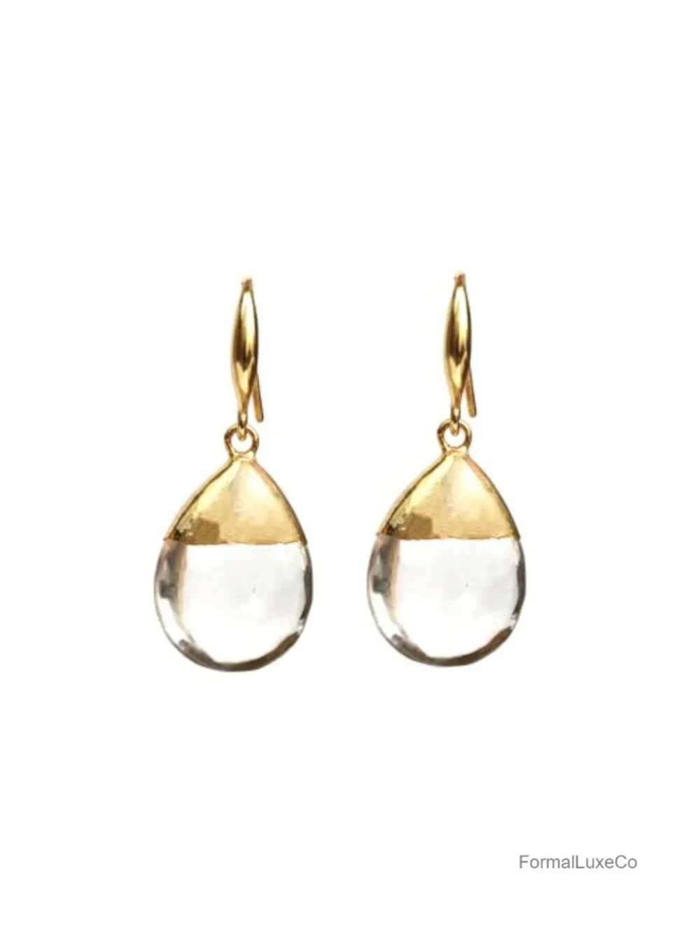 Clear Quartz Teardrop Dangle Earrings, Gold Electroplated, Handmade